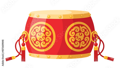 Traditional Red Chinese Drum With Ornate Gold Designs and Hanging Tassels Isolated on White Background For Festive Celebration And Cultural Events