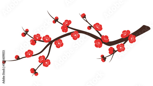 Delicate Red Blossom Branch Against White Background Symbolizing Spring Renewal and Nature Beauty