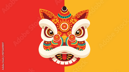Festive Traditional Lion Dance Head Ornament Against Split Red Yellow Backdrop For Cultural Celebration And New Year Events