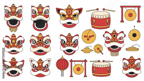 Traditional Chinese Lion Dance Elements Festive Celebration Symbols Drums Gongs Lanterns And Masks For Cultural Events And Holidays
