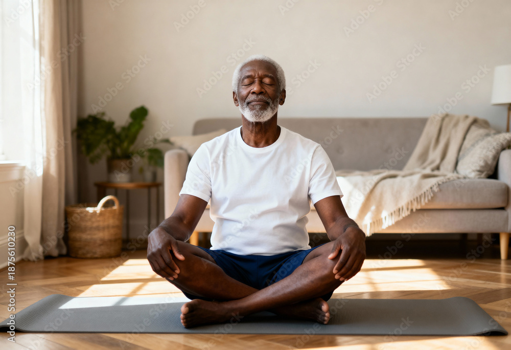 Fototapeta premium Senior African American man meditating at home in a yoga pose. Older person practicing mindfulness for wellness and stress relief in his living room. Active retirement and healthy lifestyle concept