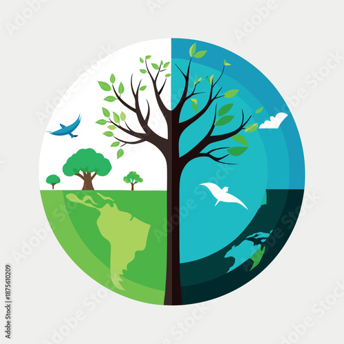 Earth split in half, with a tree in the center, green nature on one side