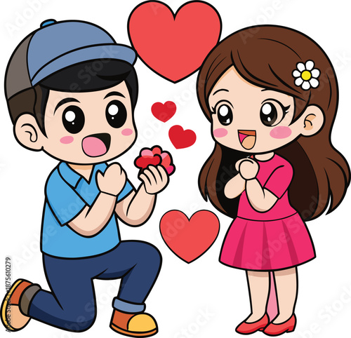Cartoon couple, man proposing with flower, woman accepting, hearts floating, romantic proposal, cute love, relationship, happy moment, colorful, festive