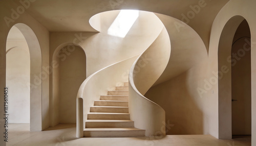 Minimalist curved staircase interior with smooth plaster spiral steps and skylight sunlight in modern architectural atrium serene beige tones