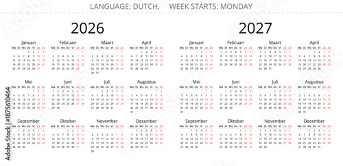 Dutch calendar 2026 2027. Vector illustration. 12 months year kalender Netherlands