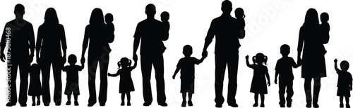 Family silhouettes standing together with parents holding babies and children isolated black vector illustration set for parenting love and unity concept