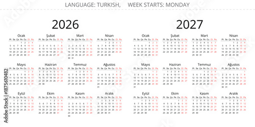 2026 and 2027 year turkish simple calendars. Vector illustration Turkey - turk takvimi