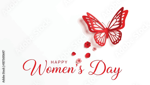 Red butterfly and flowers with happy women's day text on white background elegant design for international women's day celebration