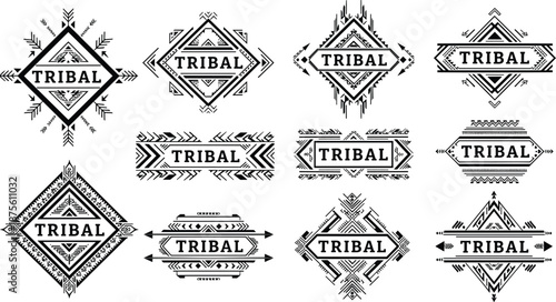 Tribal geometric badge logo set, ethnic decorative frames collection, boho ornament labels, black and white, CAD drawing flat vector illustration