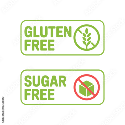 gluten free and sugar free food labels with icons