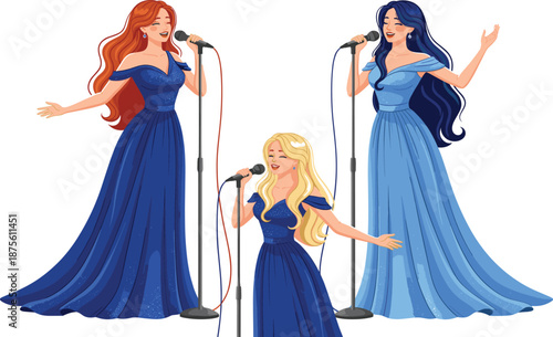 Elegant female singers performing on stage with microphones in long dresses, glamorous music concert flat vector illustration