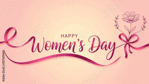 Happy women's day elegant pink floral ribbon banner with soft lighting and feminine design elements