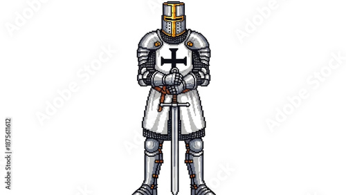 A medieval knight in armor holding a sword and shield with a cross on his chest