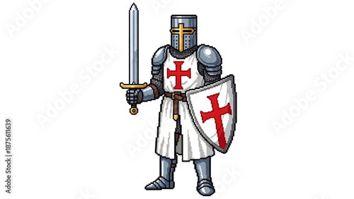 A medieval knight in armor holding a sword and shield with a red cross
