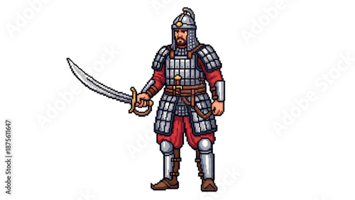 A pixel art illustration of a medieval knight in armor holding a sword
