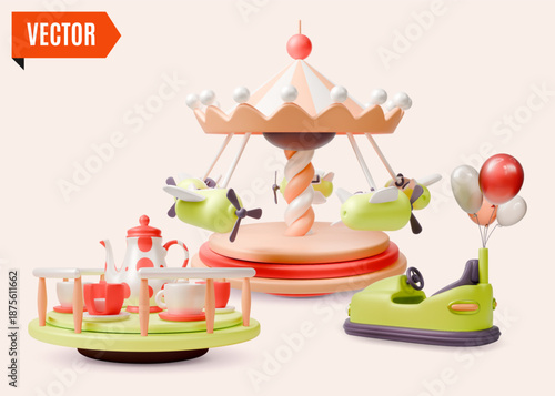 3d Amusement Park Carousel with Airplanes, Tea Cup Spin and Electric Bumper Car Concept Background Cartoon Design Style. Vector illustration