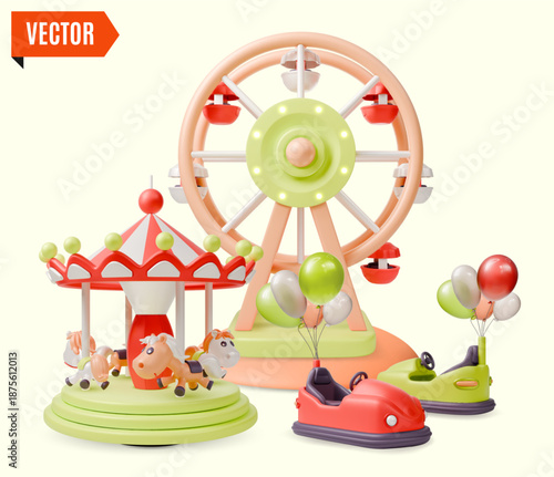 3d Amusement Park Ferris Wheel, Carousel with Horses and Electric Bumper Car Concept Background Cartoon Design Style. Vector illustration