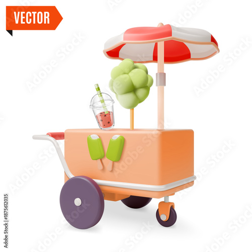 3d Colorful Ice Cream Snack Street Fast Food Market Stall with Cotton Candy and Soda Amusement Park Concept Cartoon Design Style. Vector illustration