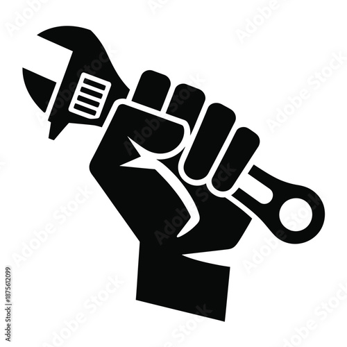 black silhouette of a fist holding an adjustable wrench