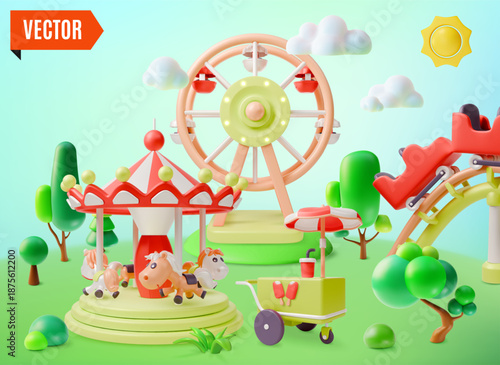 3d Amusement Park with Ferris Wheel and Street Food Stall on a Landscape Concept Cartoon Design Style. Vector illustration