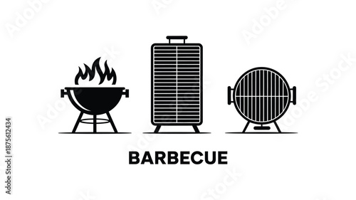 black and white barbecue grill icons with flames