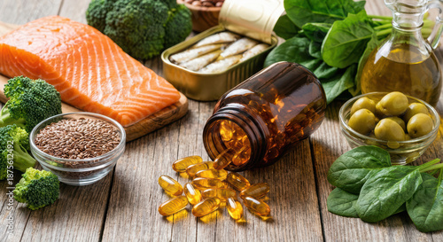 Omega-3 supplements with healthy food sources on wooden table