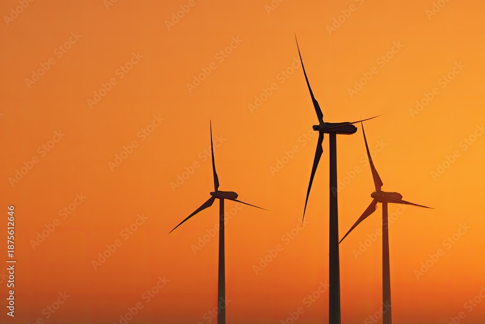 Fototapeta premium Three silhouettes of turning structures stand against a vibrant orange and yellow gradient sky