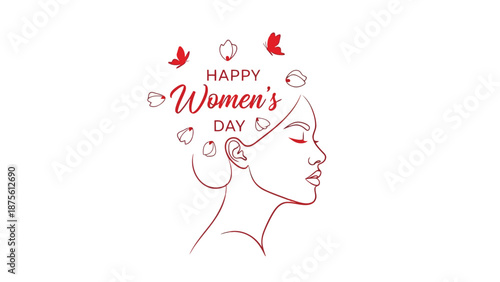 Woman's profile illustration with flowers and birds celebrating international women's day with elegant red line art on white background