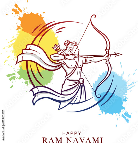 Lord Rama Aiming Arrow with Bow, Hindu Festival Ram Navami Illustration