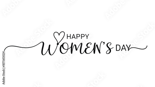Elegant happy women's day calligraphy with heart and swirling lines on white background