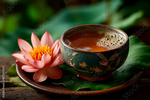 A crafted ceramic cup of amber lotus tea rests beside a pink lotus blossom on a lush green leaf, on a soft, blurred natural background.