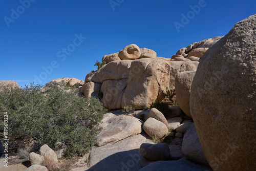 Joshua Tree National Park, CA, USA - October 19, 2025 - Towering granite rock formations under a clear blue desert sky