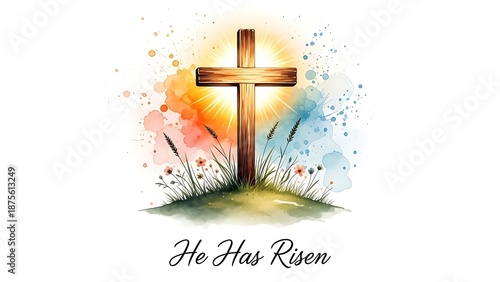 Easter cross with flowers and he has risen text on colorful background easter day