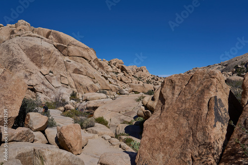 Joshua Tree National Park, CA, USA - October 19, 2025 - Towering granite rock formations under a clear blue desert sky