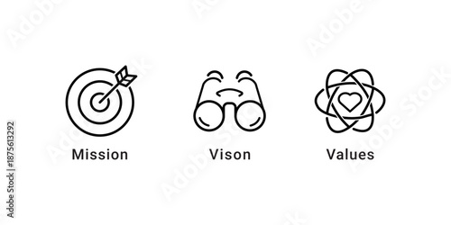 Mission, Vision and Values Editable Icons Set – Business Strategy Flat Vector Illustration