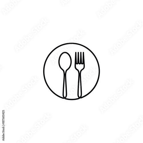 a simple line drawing of a spoon and fork in a circle