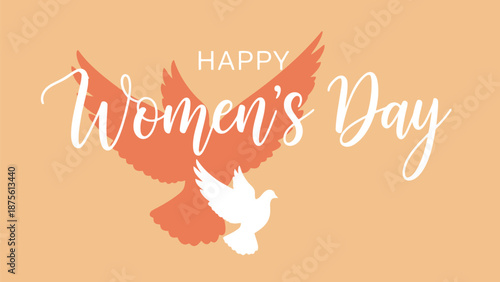 Happy women's day illustration with doves in flight against a warm orange background