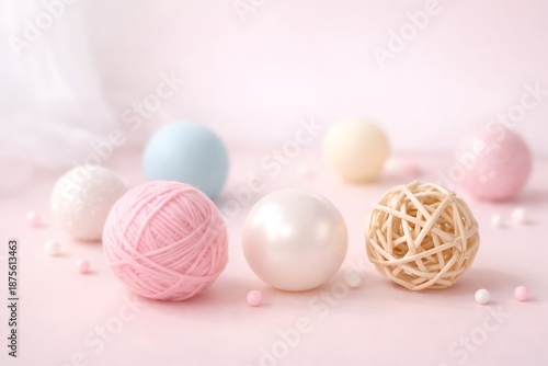 Wallpaper Mural Pink yarn ball pearl and rattan decoration on soft pastel background Torontodigital.ca