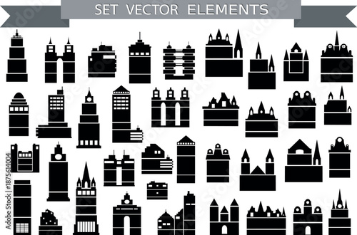 Black building silhouette vector elements set Keywords: building, silhouette, architecture, city