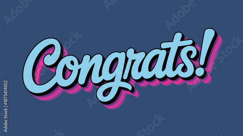 congrats text typography in colorful retro script style on blue background, congratulation celebration message design, decorative lettering illustration