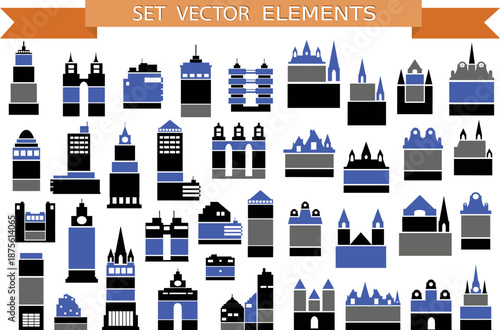 Blue and black building silhouette vector elements collection Keywords: building, silhouette