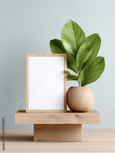 Minimal wooden frame mockup with blank white space, paired with potted green plant on wooden platform