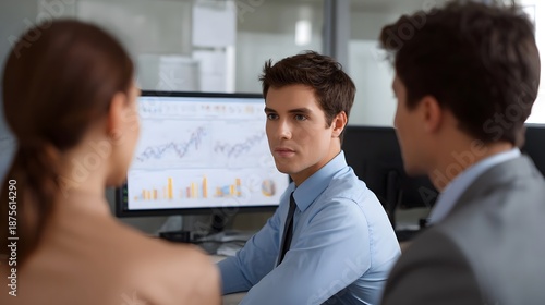 Wallpaper Mural Business professionals collaborating around computer screens displaying financial charts and data analysis Torontodigital.ca