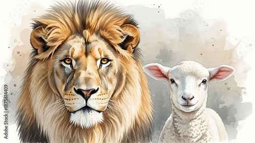 A lion and a lamb standing side by side in a watercolor style illustration with a soft gray background easter day