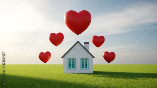 A white house with red hearts floating above it on a green lawn with a blue sky 