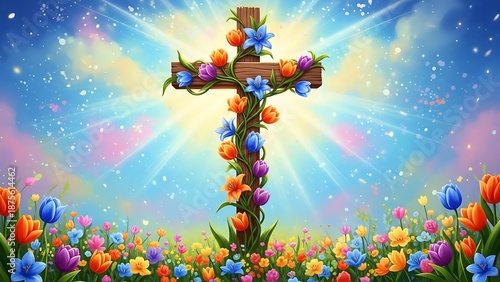 Easter cross decorated with colorful flowers and eggs in a vibrant garden easter day