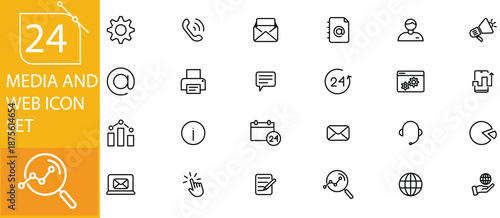 Media and Web Icons Set Featuring Digital Content, Online Communication, Streaming, Social Media, Websites, Blogging, Video, Audio, Cloud, Networking, and Internet Technology Elements