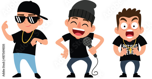 Funny cartoon rap and hip hop characters performing with microphone and expressive poses, colorful flat vector illustration