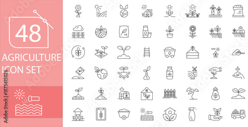 48 Agriculture Icons Set Featuring Farming, Crops, Organic Food, Harvest, Irrigation, Livestock, Agricultural Tools, Greenhouse, Tractor, Seeds, Sustainable and Rural Farming Elements