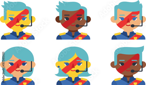 Customer support avatar set with diverse call center operators wearing headsets, modern flat vector illustration collection